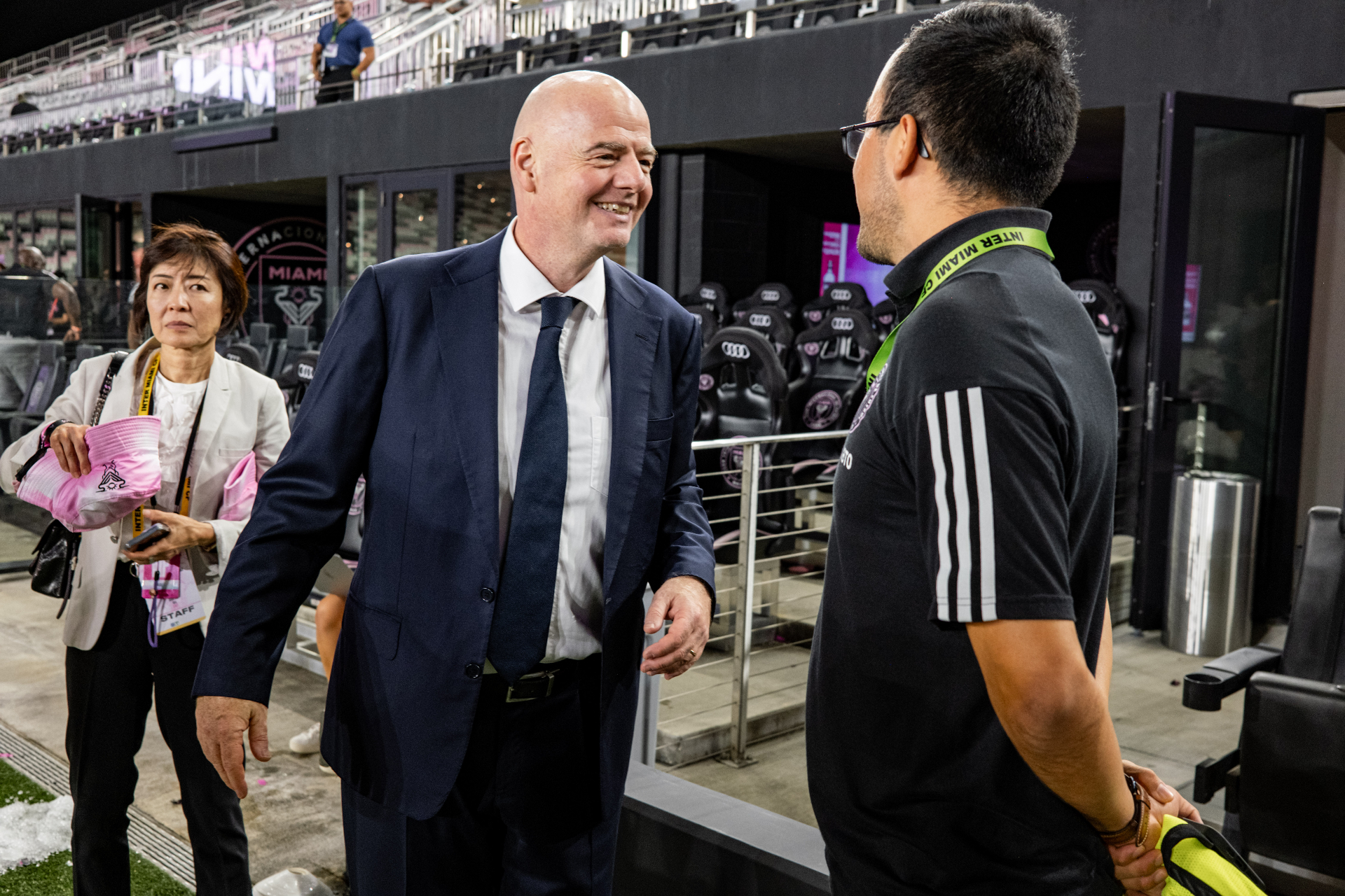 Juan Buitron greeting FIFA President Gianni Infantino at Inter Miami CF stadium.